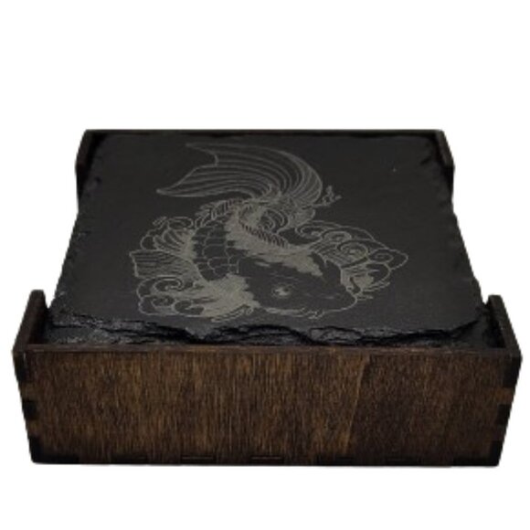 4" Inch Black Coasters Stone. "Koi Fish" - Picture 3 of 8